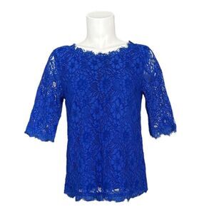 41 Hawthorn Women's Royal Blue Elbow Sleeves Floral Lace‎ Design Blouse Size S